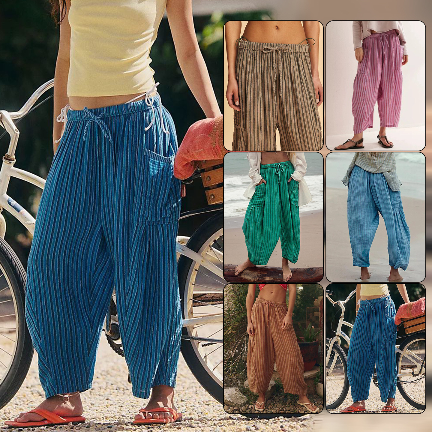 Striped Straight-leg Pants Elastic Waist Cropped Pleated Pants