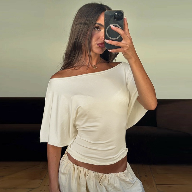 Fashionable Chic Girls Back-tie Waist-cinching Solid-color Short Sleeve