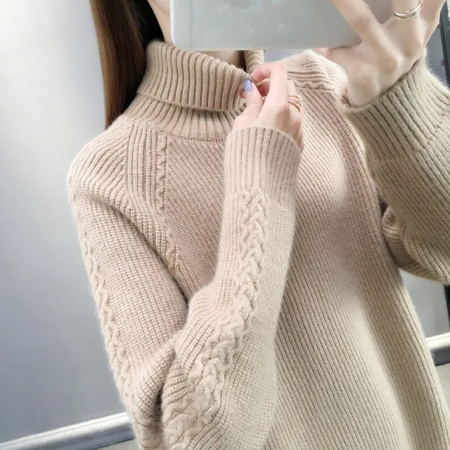 Hemp Pattern High Neck Thickened Keep Warm Inner Match Sweater Knitted Bottoming Shirt Long Sleeve Khaki - Shop at LoveMi