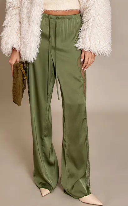 Fashionable Solid Color Sexy Satin Lace Loose Floor Length Pants Green - Shop at LoveMi