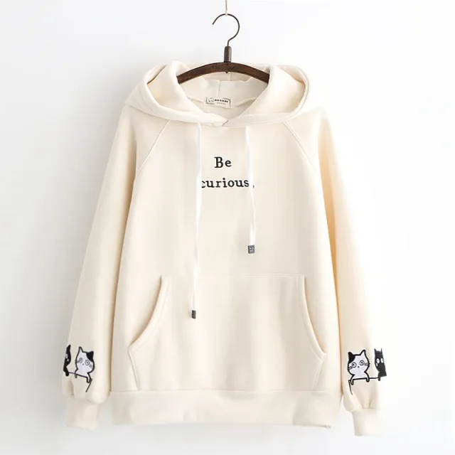Japanese College Style Letters Cartoon Cat Embroidery Velvet Loose Hooded Sweater For Women Fleece Shirt Beige - Shop at LoveMi