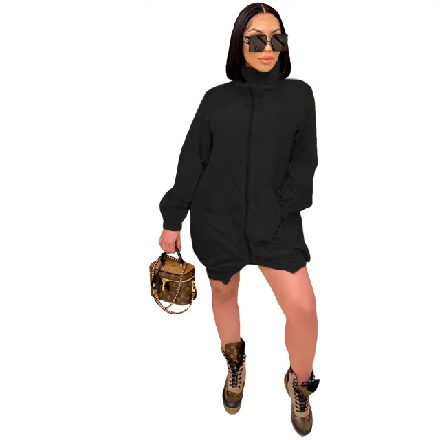 Casual Fashion Women Loose Long Sleeve Zipper Dress Black - Shop at LoveMi