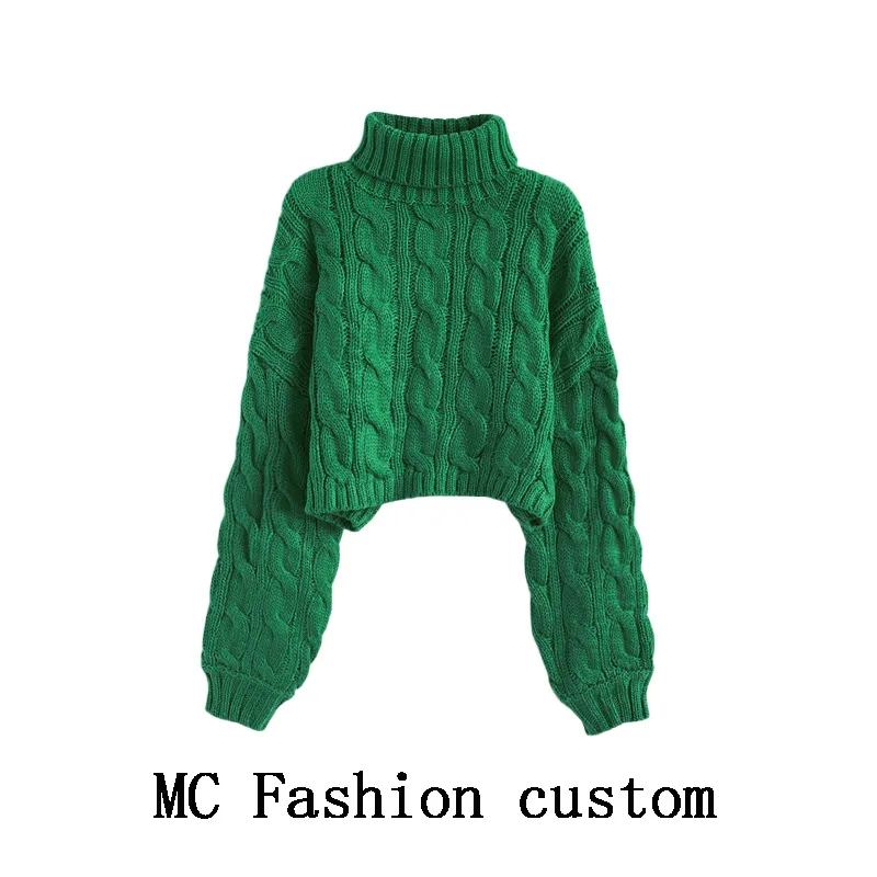 Turtleneck Pullover Short Cable-knit Sweater Women - Green