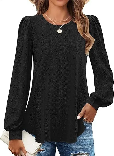 Women's Loose Casual Lantern Sleeve Long Sleeve T shirt Black - Shop at LoveMi