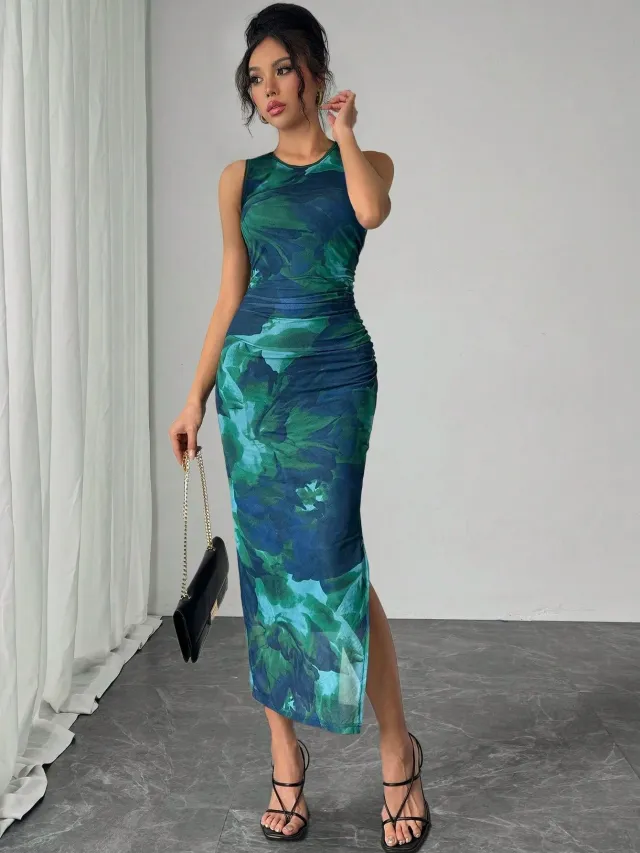 New Women's Sleeveless Printed Mesh Tight Dress Peacock Green - Shop at LoveMi
