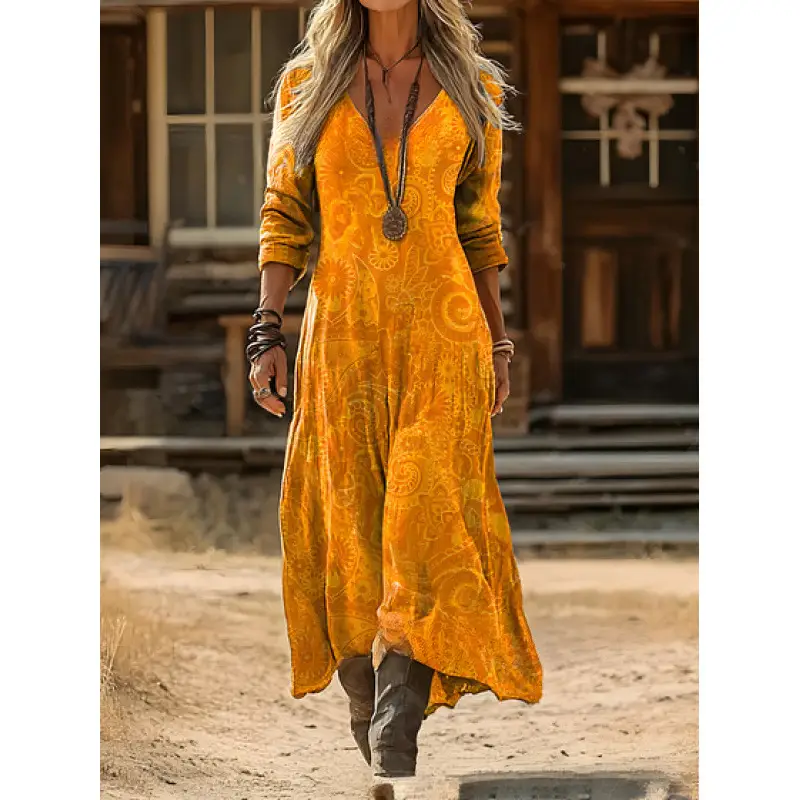 Womens Retro Ethnic Floral Print Artistic Long-Sleeve Elegant Dress