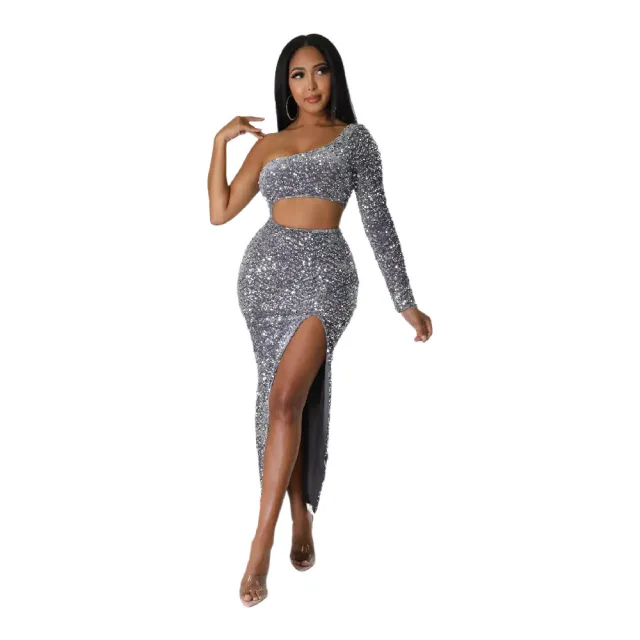 One shoulder Fashionable Sequins Sexy Navel Split Hip Women's Clothing Dress Gray - Shop at LoveMi