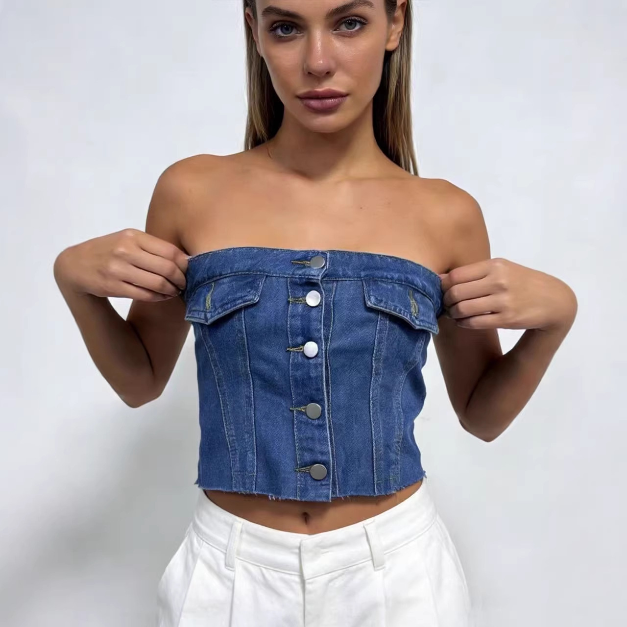 Womens Short Blue Slim-fit Denim Tube Top