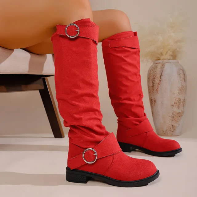 Pleated Flat bottom Western Cowboy Boots For Women With Belt Buckle Red - Shop at LoveMi
