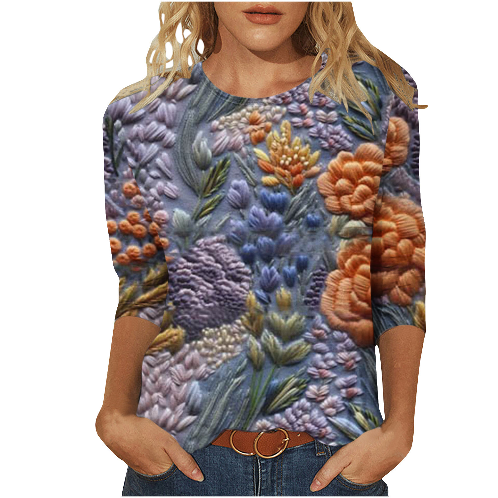 Women's 7-point Sleeve T-shirt 3D Printed Women's Casual Round Neck 7-point Sleeve T-shirt