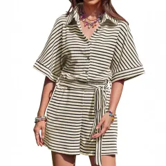 Casual Striped Jumpsuit Short Sleeve Buckle Shorts Romper - White - View 1