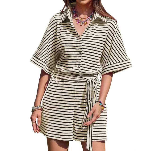 Casual Striped Jumpsuit Short Sleeve Buckle Shorts Romper White - Shop at LoveMi