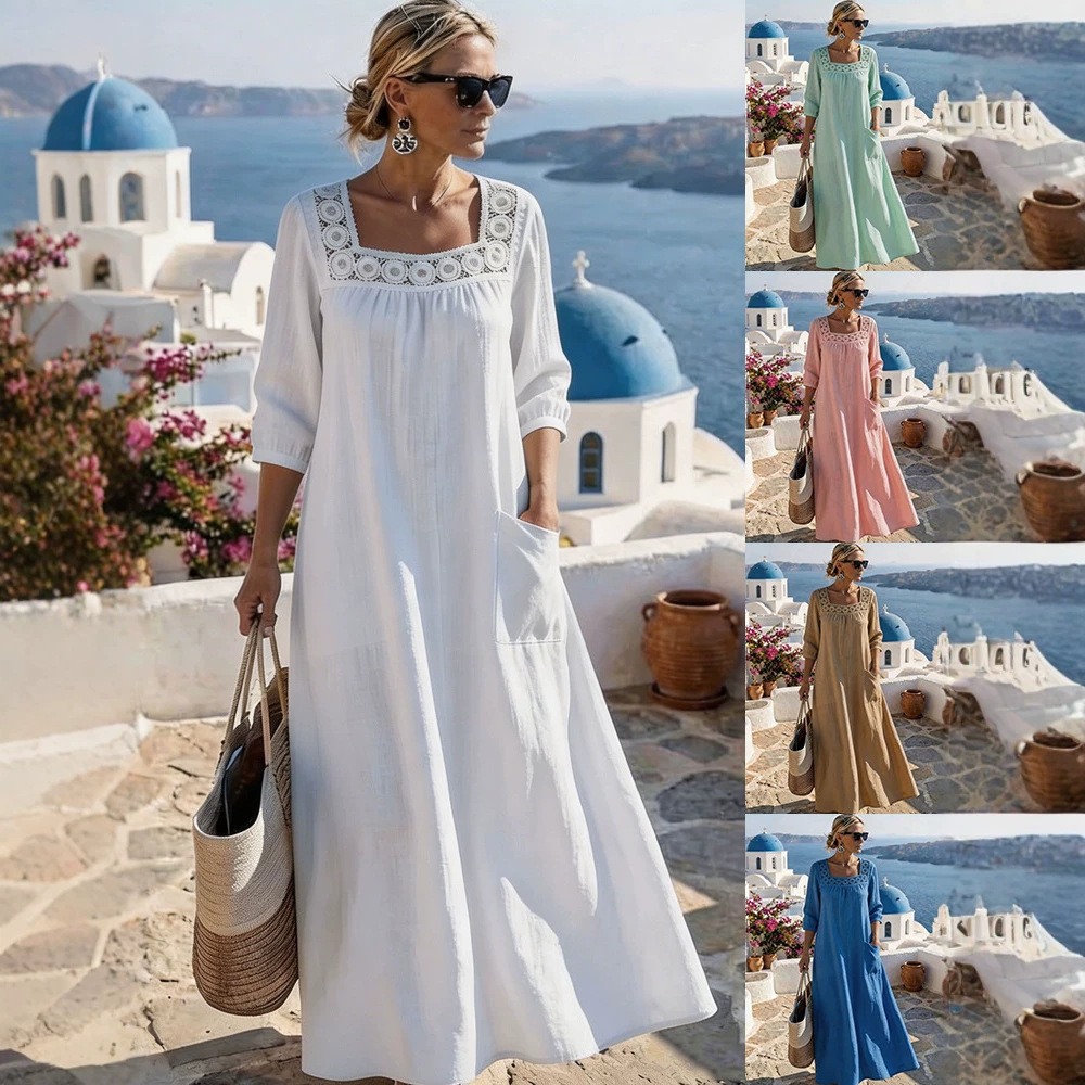 Casual Square-neck Three-quarter-sleeve Cotton-linen Solid-color Dress
