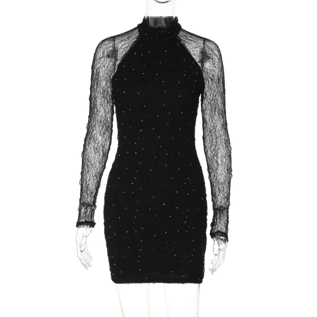 Elegant Lace And Rhinestone embellished Bodycon Long sleeve Dress Black - Shop at LoveMi