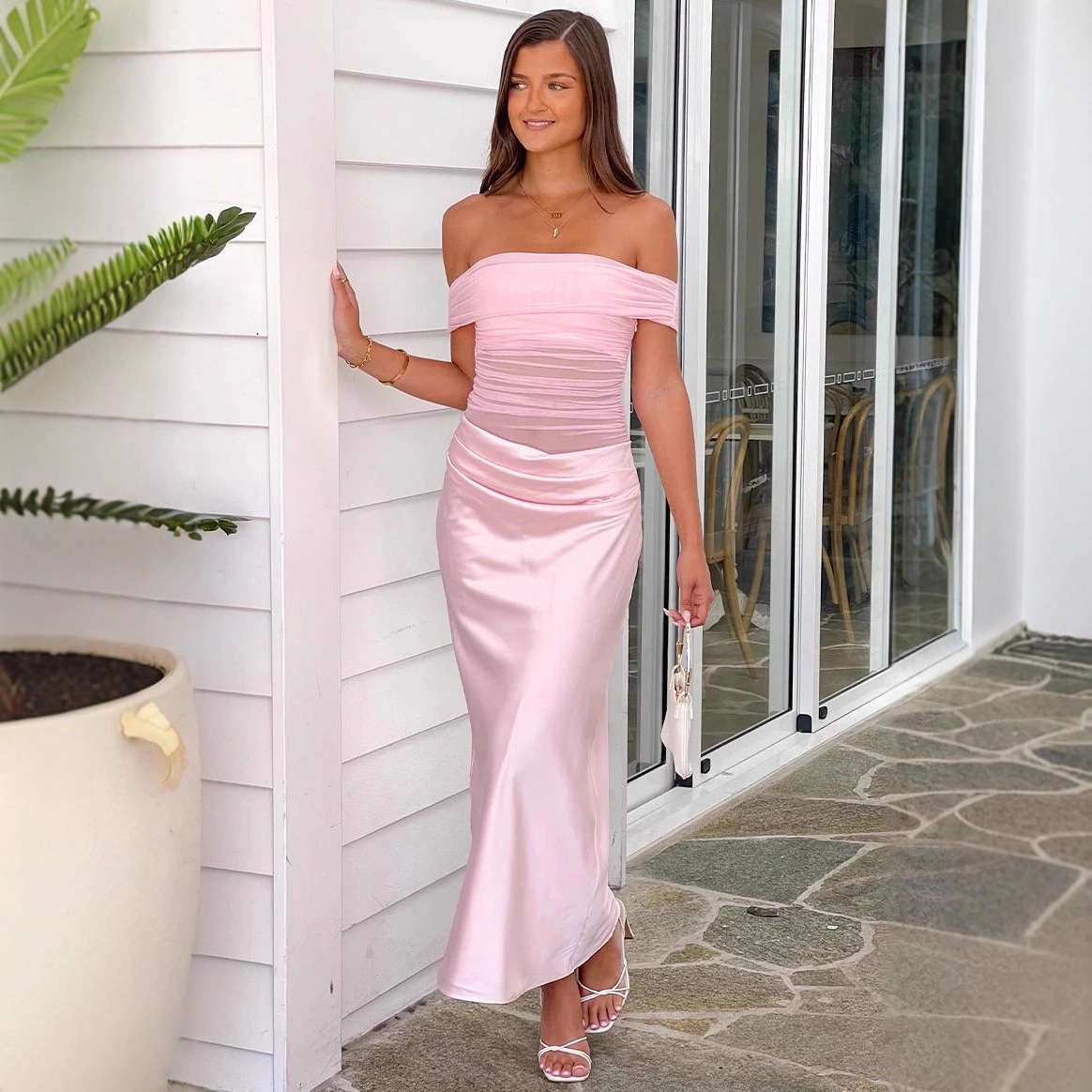 Womens Mesh-Panel Pleated Midi Dress