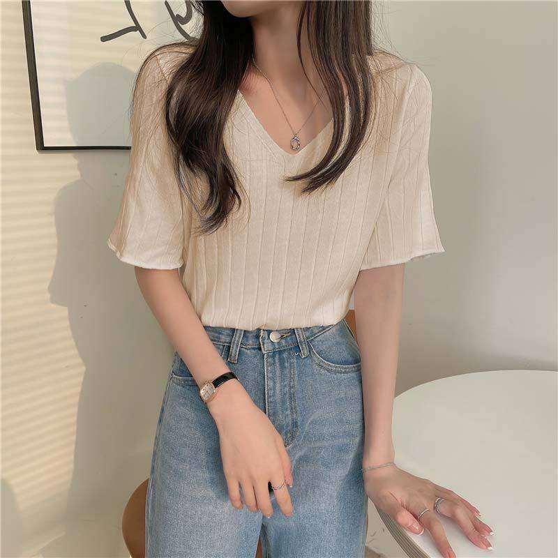 Thin Loose Slimming Candy-colored Short-sleeved Shirt Pit Striped Fairy Sweater