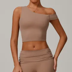 Yoga Vest Women's Irregular Shoulder Sports Workout Underwear - Coral Coffee - View 1