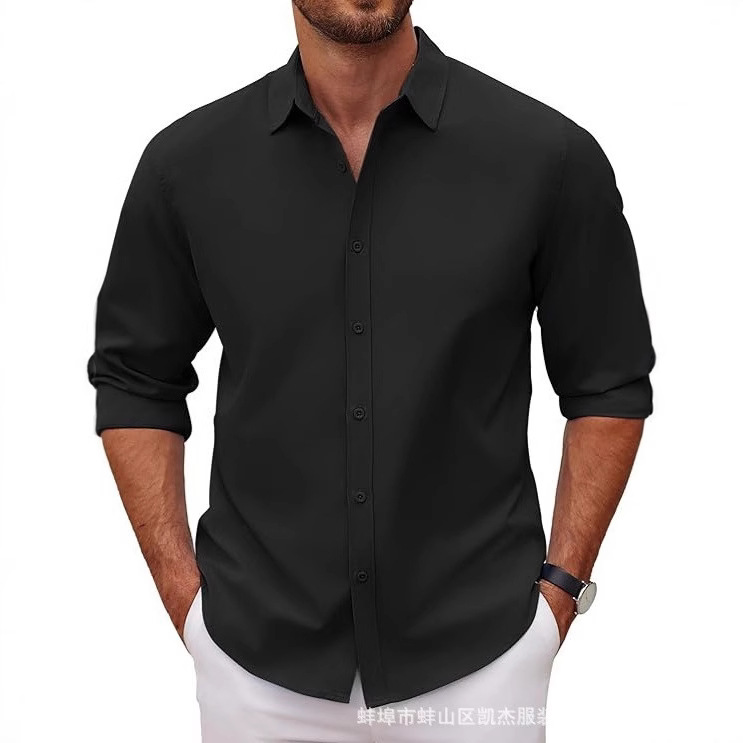 New Mens Long-sleeve Lapel Solid-color Shirt