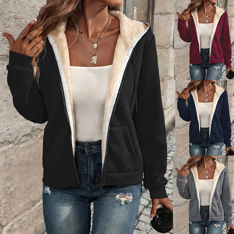Autumn Winter Fleece-Lined Warm Casual Womens Sweater Zip-Up Jacket