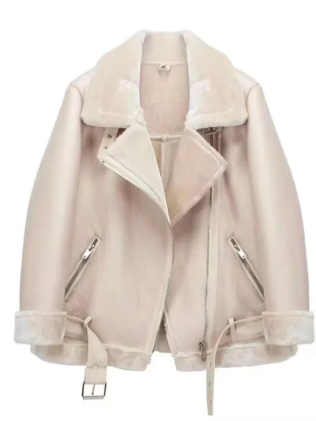 Fur Coat Women's Fleece lined Thick Motorcycle Jacket Beige Fine Wool - Shop at LoveMi