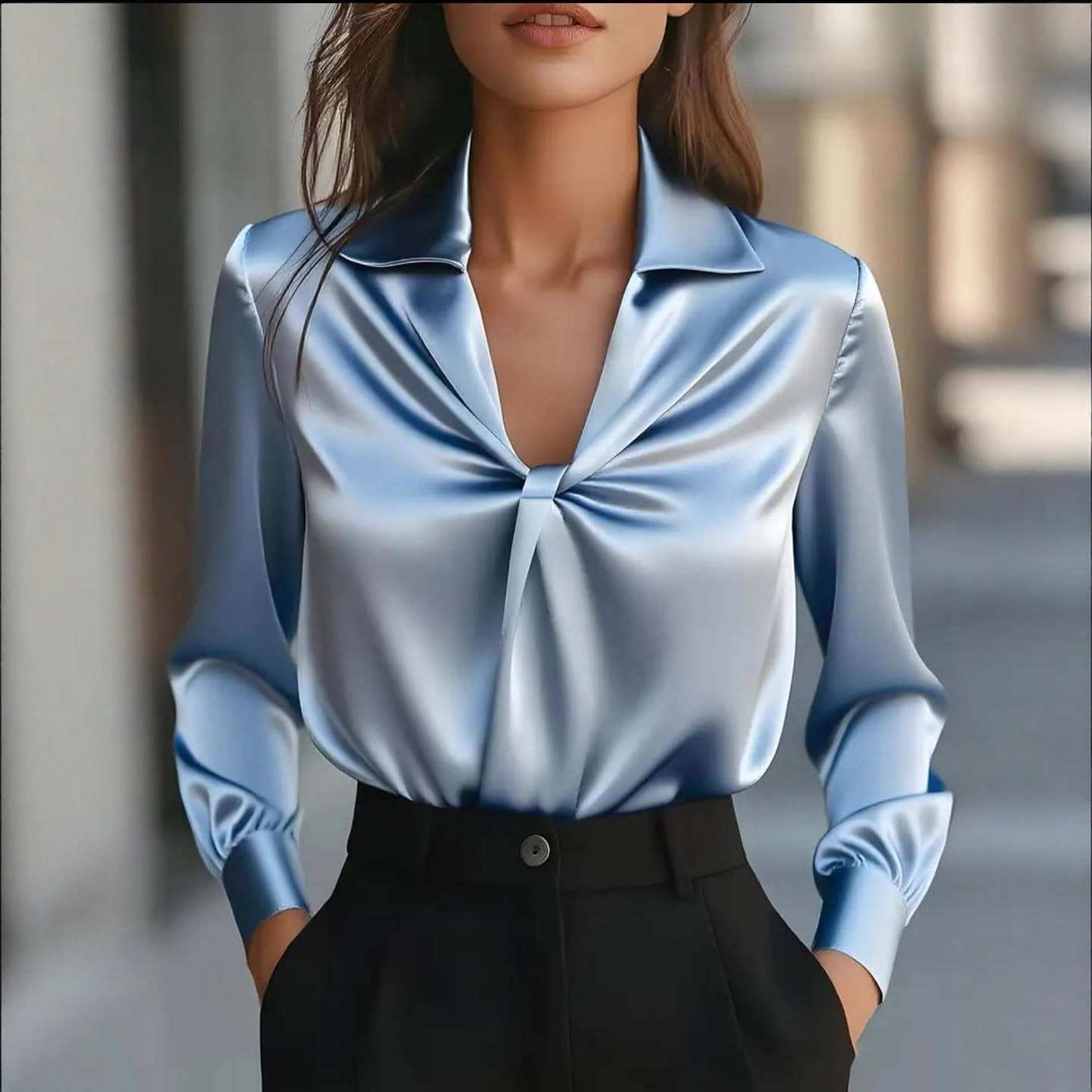 Autumn Fashion Temperament Solid Color Satin Pleated Long Sleeve Shirt Women - Image 8