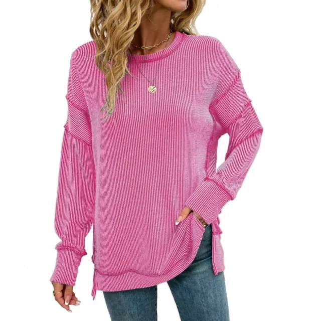 Twist Strip Split Long Sleeve Loose Sweatshirt Sweater Rose Red - Shop at LoveMi