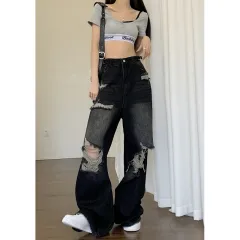 Women's American-style High Street Black Ripped Jeans - Black - View 1