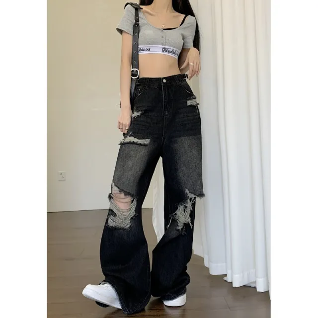 Women's American style High Street Black Ripped Jeans Black - Shop at LoveMi