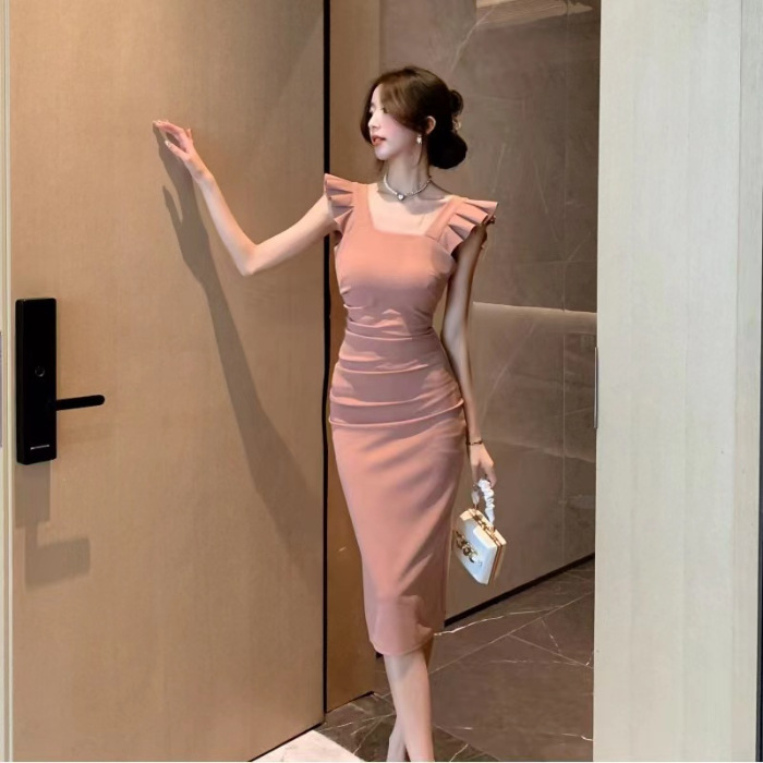 Spring 2023 New French Minority Square-neck Cinched Slimming Mid-length Split Skirt