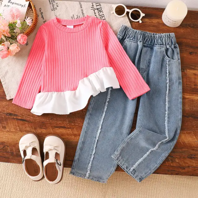 Stitching Lace Wool And Beard Denim Trousers Suit Pink - Shop at LoveMi