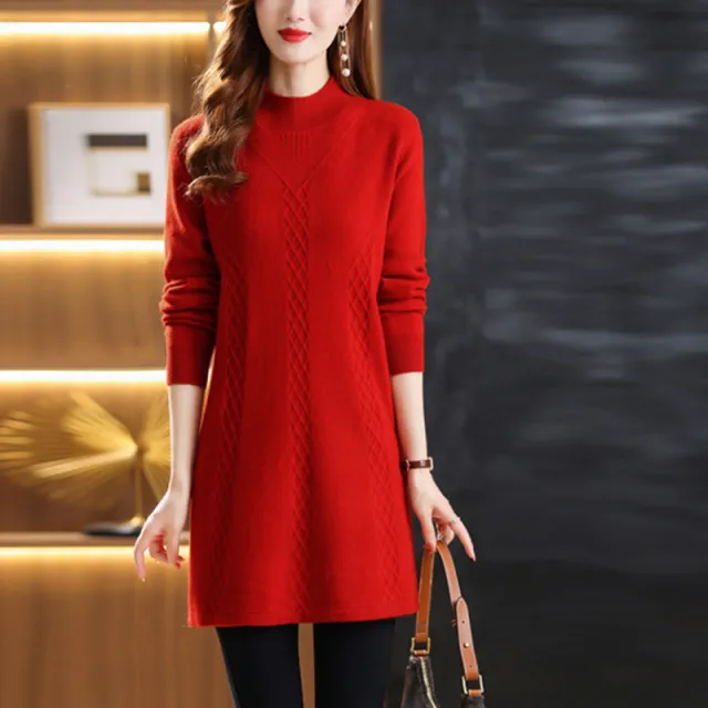 Belly covering And Youthful looking High Neck Thickened Woolen Dress Red - Shop at LoveMi