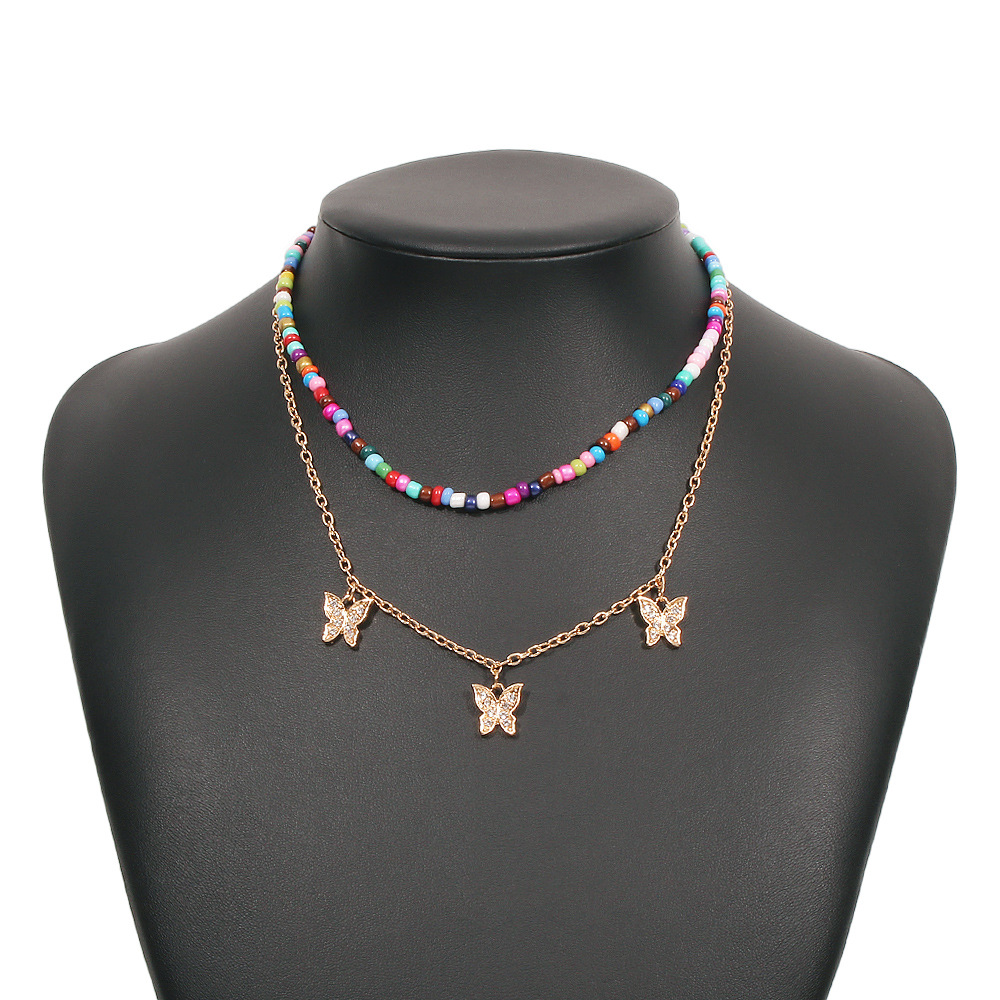 Colorful Bead Double-layer Necklace With Diamond Butterfly
