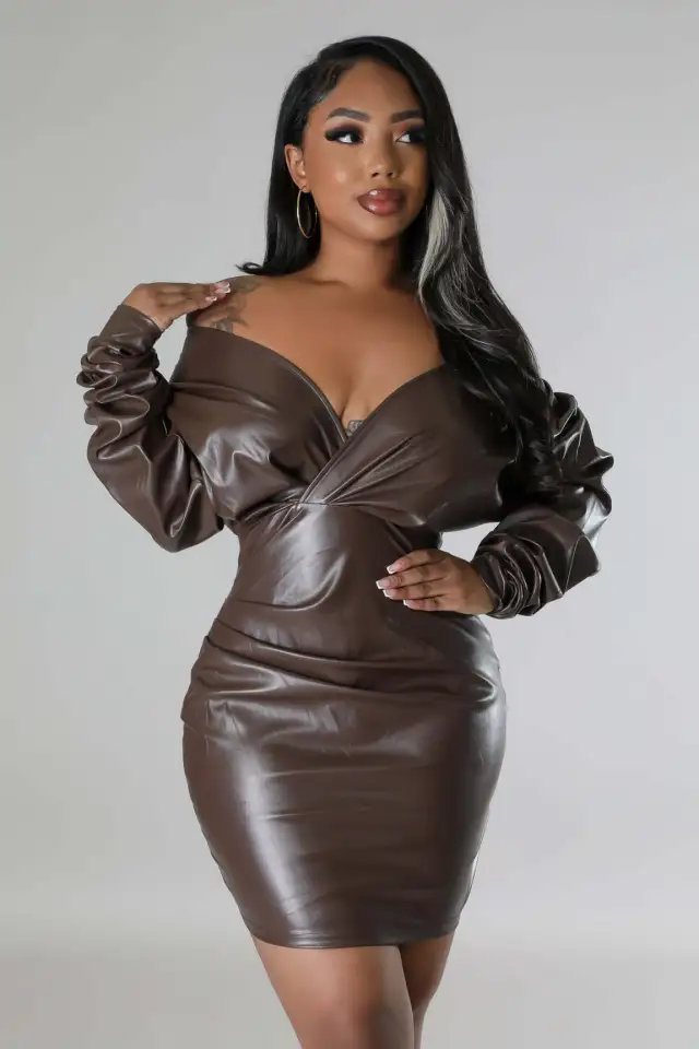 Fashion Women's High Elastic Leather Skirt Dress Brown - Shop at LoveMi
