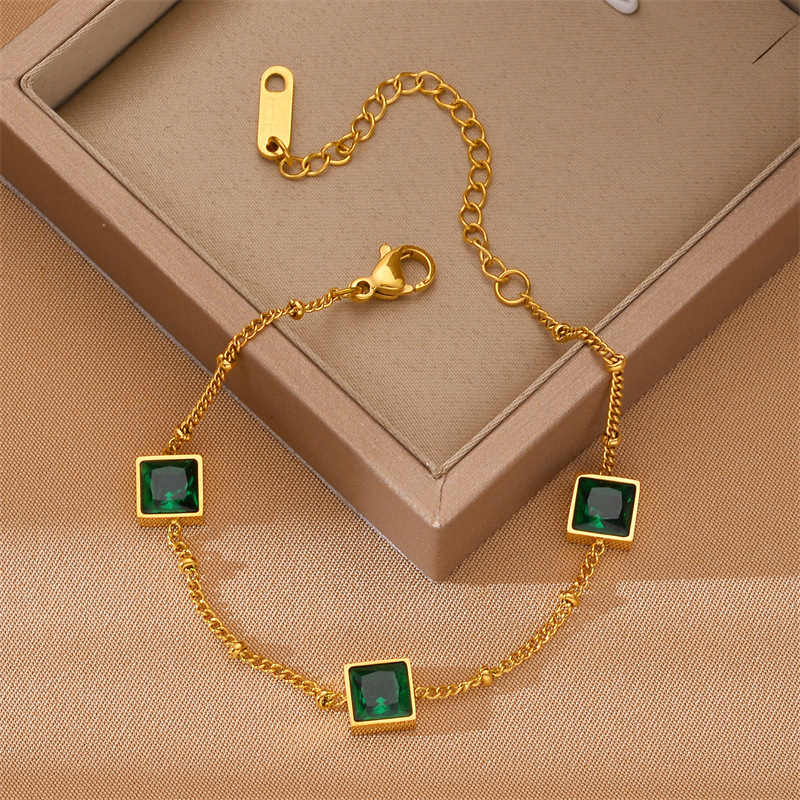Niche Design Gold Square Emerald Zircon Titanium Steel Bracelet