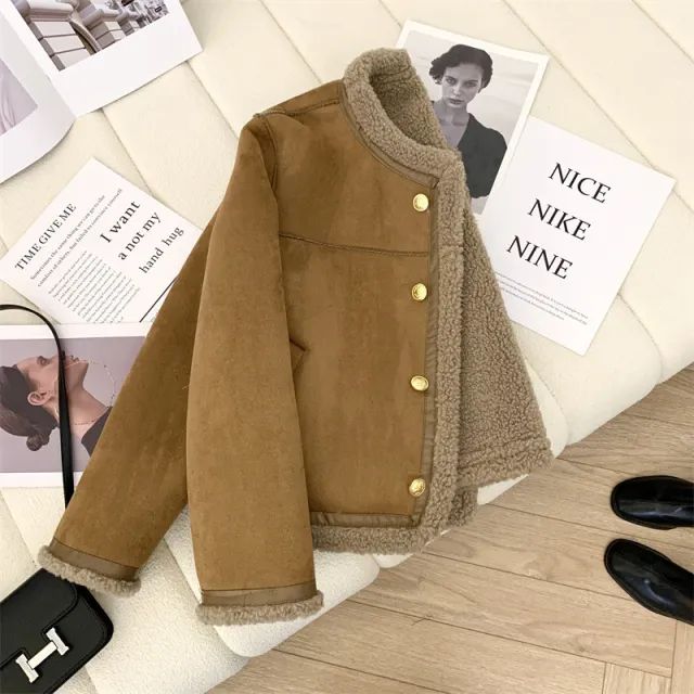 Classic Style Fur Single breasted Crew Neck Coat Women Brown - Shop at LoveMi