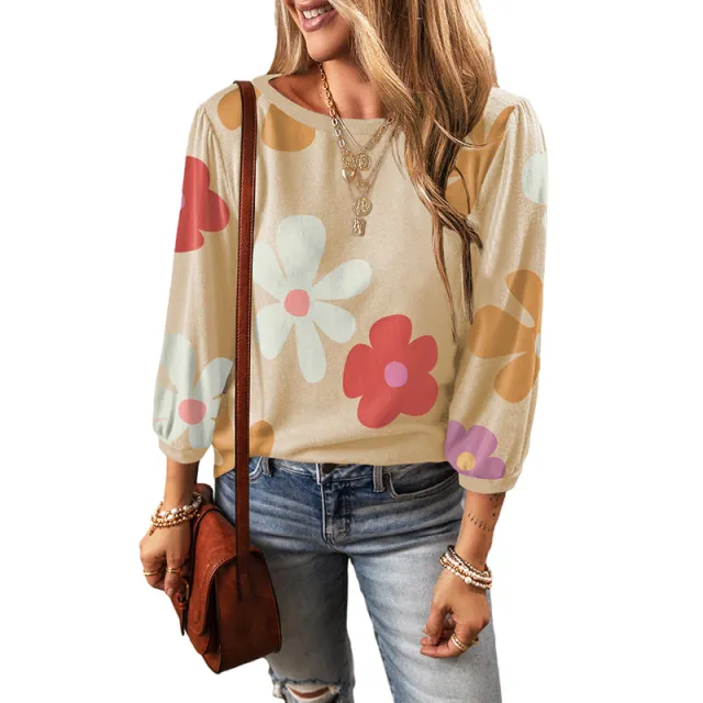 European And American Leisure Wild Flower Floral Print Long Sleeve Pullover Floral - Shop at LoveMi