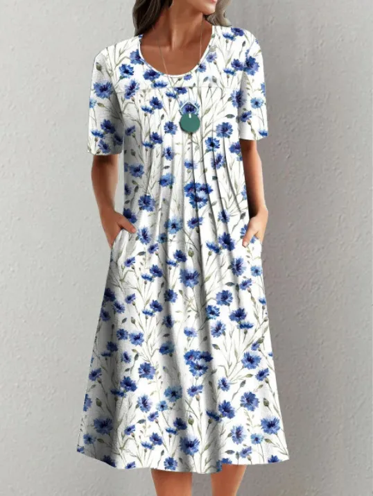 Spring And Summer Women's Elegant Large Swing Round Neck Printed Short Sleeve Dress - No 2 Color-Xxxl