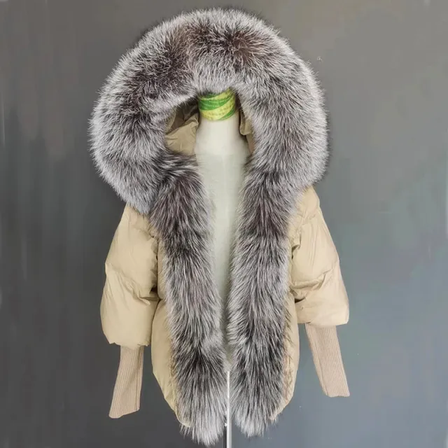 White Duck Down Real Fur Big Fur Collar Down Jacket Khaki Silver Fox Fur Collar - Shop at LoveMi