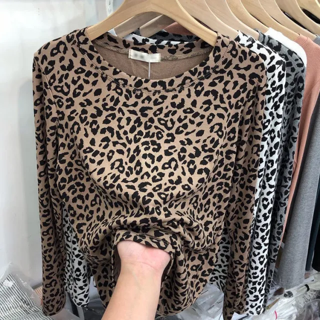 Fashionable Leopard Print Long Sleeve All match Round Neck Bottoming Shirt Khaki - Shop at LoveMi
