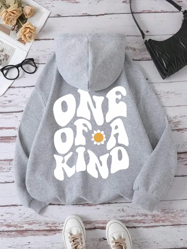 Chrysanthemum Smile Printed Hoodie Sweater Gray - Shop at LoveMi