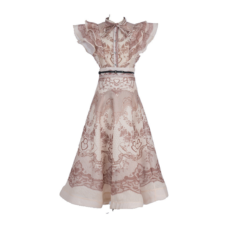 Australia Stand Collar Ruffle Diamond Button Sleeveless Wide Swing Dress