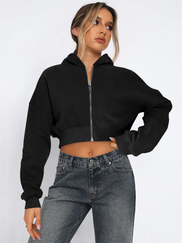 Long Sleeve Fleece Zipper Cardigan Hoodie Casual Jacket Black - Shop at LoveMi