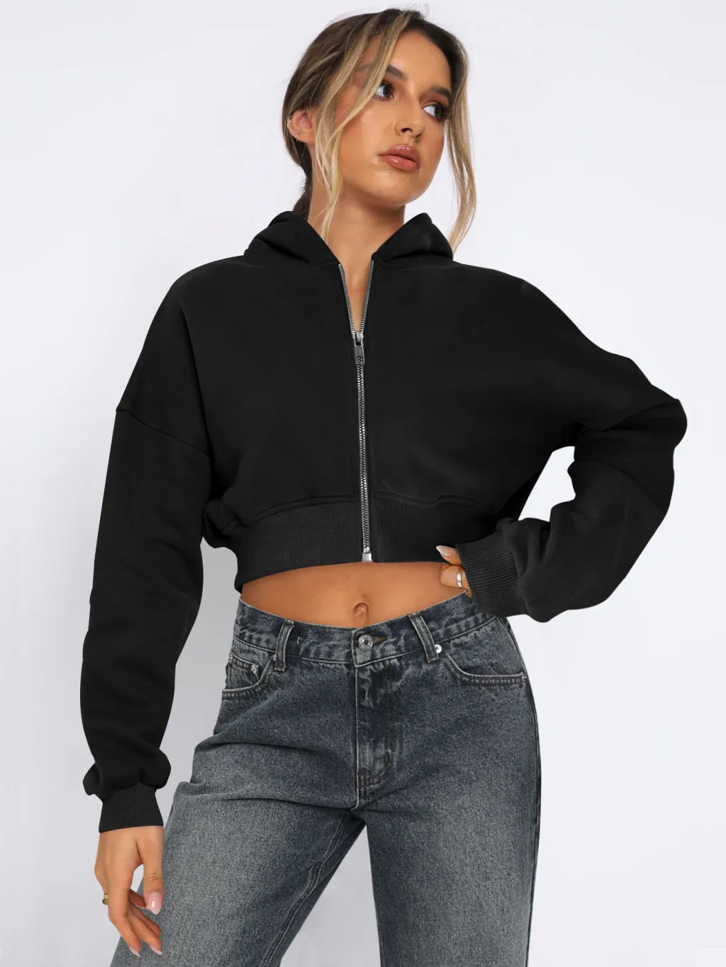 Long Sleeve Fleece Zipper Cardigan Hoodie Casual Jacket - Black