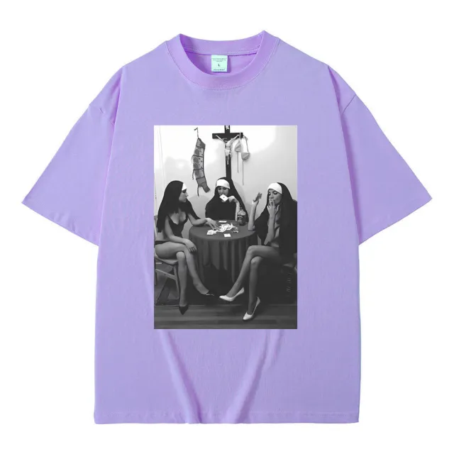 Nuns Naked Playing Card Smoking Drinking Funny Meme T Shirt Lightpurple - Shop at LoveMi