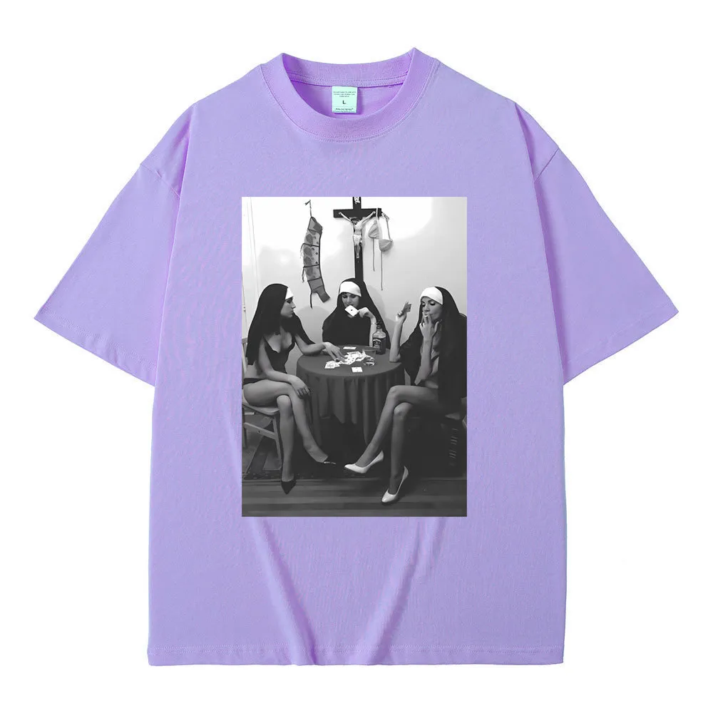 Nuns Naked Playing Card Smoking Drinking Funny Meme T-Shirt - Lightpurple