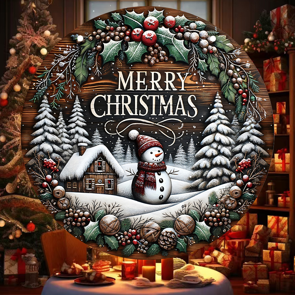 Title 3, Wooden Merry Christmas Snowman Round Sign Wall ...