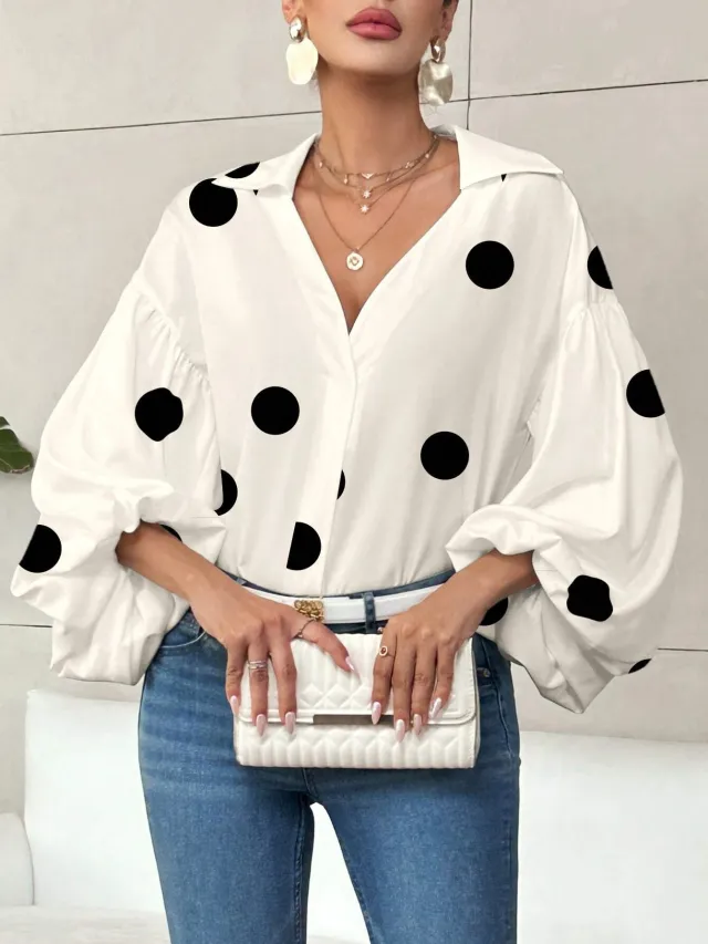 Niche Fashionable French Polka Dot Half open Collar Design Loose Bubble Long Sleeve Top Apricot Dot - Shop at LoveMi