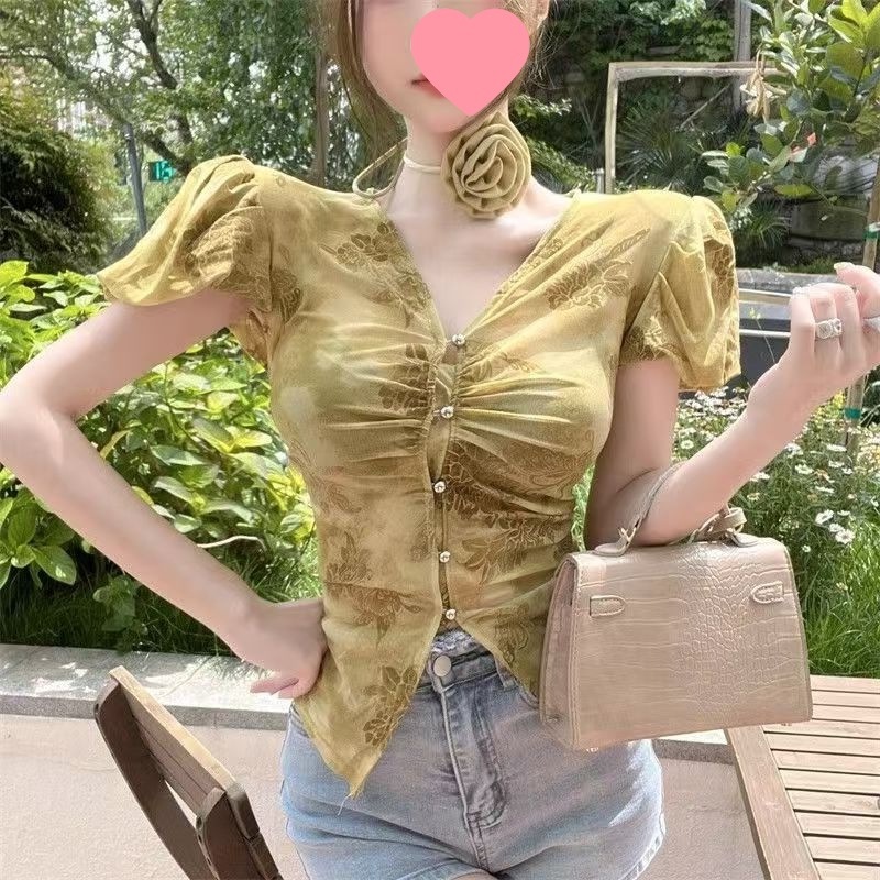 Retro Mesh Printed Shirt Elegant Collar Waist-cinching Blouse