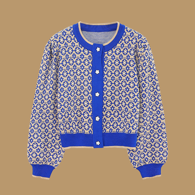 Plaid Floral Short Knitted Cardigan For Women