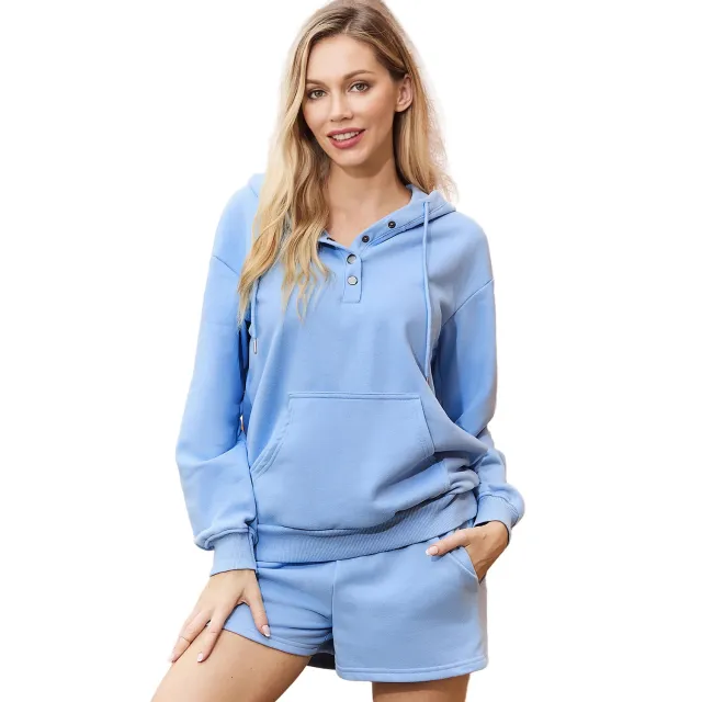 Women's Loose Sweatshirt Shorts Solid Color Casual Set Light Blue - Shop at LoveMi